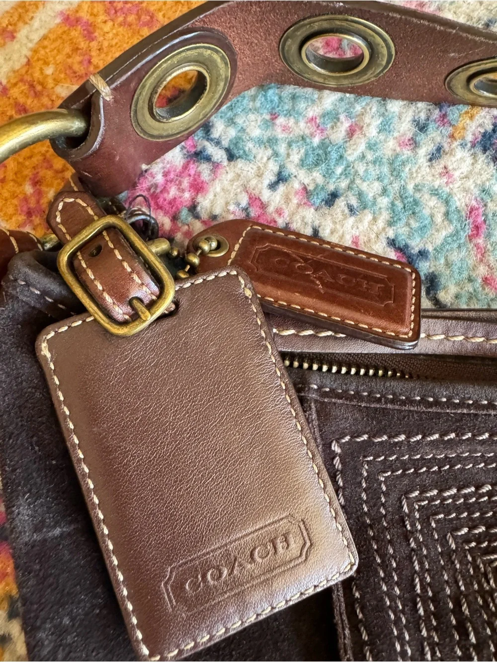 Coach Brown Suede Tote with Leather ID Tag - Picture 5 of 9